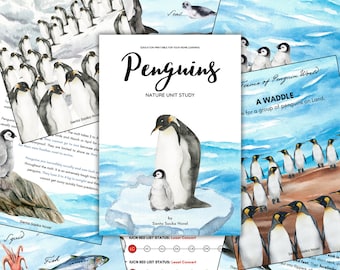 May include: A watercolor illustration of a penguin and a baby penguin. The illustration is part of a nature unit study for kids. The text on the page reads "Penguins, Nature Unit Study".