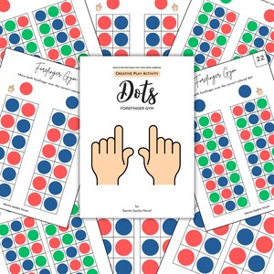 Può includere: Fogli di attività stampabili per bambini con un gioco di palestra per l'indice con punti colorati. I fogli sono intitolati "Forefinger Gym" e includono istruzioni per spostare entrambi gli indici sui punti del colore corretto. La pagina del titolo presenta un'illustrazione di due mani di cartoni animati con il testo "Dots Forefinger Gym".