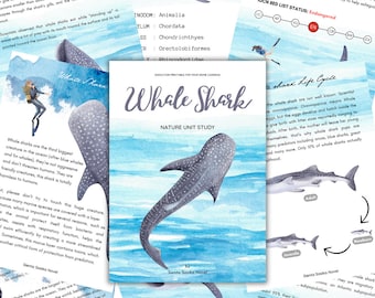 May include: A watercolor illustration of a whale shark, the third largest creature in the ocean. The illustration is set against a blue ocean background. The text "Whale Shark" is written in a large, bold font at the top of the image. The text "Nature Unit Study" is written in a smaller font below the title. The text "By Sienta Sasika Novel" is written in a smaller font at the bottom of the image.