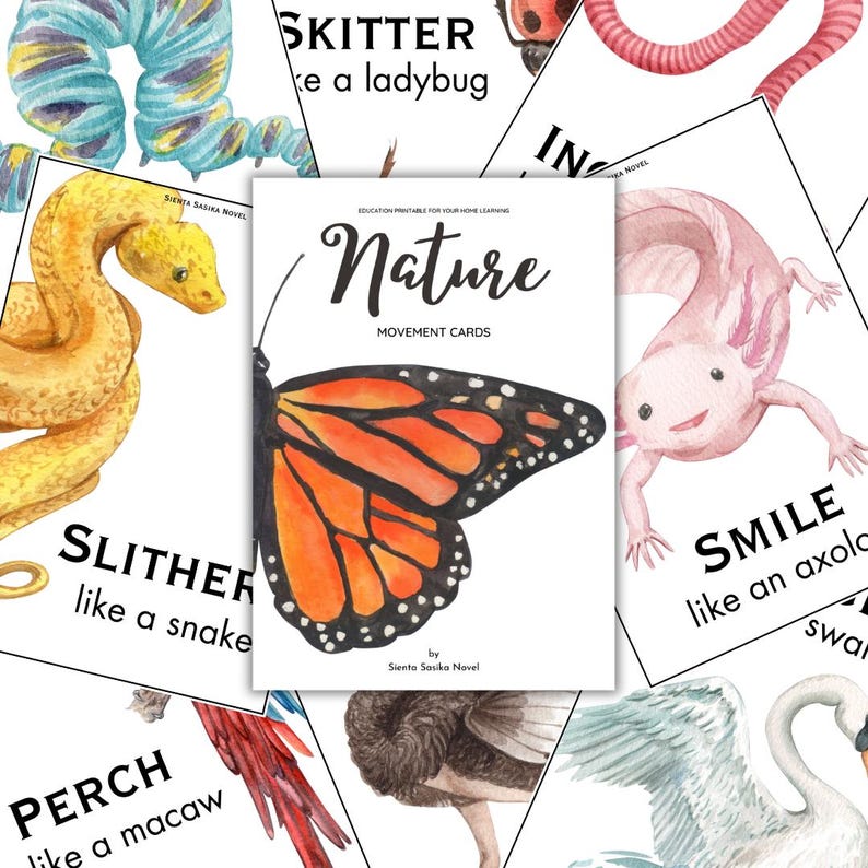 May include: A collection of watercolor nature movement cards. The central card features a monarch butterfly with orange and black wings. Other cards show a snake, axolotl, and macaw. Text includes "Nature Movement Cards".