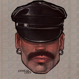 May include: A close-up of a man's face with a black leather cap, a mustache, and earrings. The background is a pattern of squares.