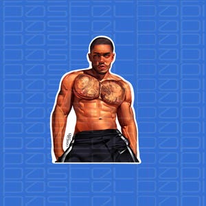 May include: A sticker featuring a muscular person with tattoos on their chest, wearing black shorts with a white stripe. The image is set against a blue background with a repeating pattern of the letter "Z".