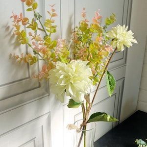 Artificial Floral Arrangement with Seeded Eucalyptus Stems with White  Dahlia Flowers- Elegant Simple Everlasting Flowers Ornamental Display