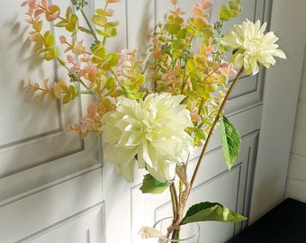 Artificial Floral Arrangement-Seeded Eucalyptus Stems and White Dahlia Flowers in Clear Glass Beaker Vase-Elegant Simple Everlasting Display