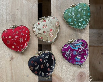 Embroidered Faux Silk Brocade Heart Compact Mirror in Various Colours Gold Effect Butterfly Clasp 7cmx5cm Hinged Double Handbag Size Mirror