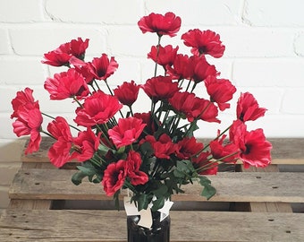 10 Stück X Künstlicher wilder Mohnstengel mit Blätter 4 Köpfe Wiesenmohnblumen 45cm Stiel Orange Weiß Gelb Rot