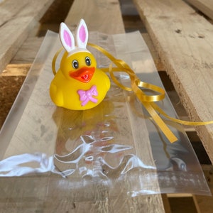 Easter Bunny Duck, Cellophane Bag, and Gold Ribbon for Creating Easter Gifts. Personalised Bunny Rubber Duck Pack to Add Your Own Chocolates