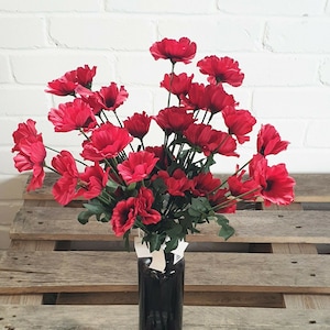 Remembrance Day  Red Poppy Flower Sprays 10 X Artificial Wild Poppy Stem With Leaves 4 Heads Meadow Poppies 45cm Stem