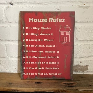 Hanging Sign "House Rules" Painted Wooden Sign for The Home, Distressed Print on Red Background. Lovely Gift or Addition to Any Room