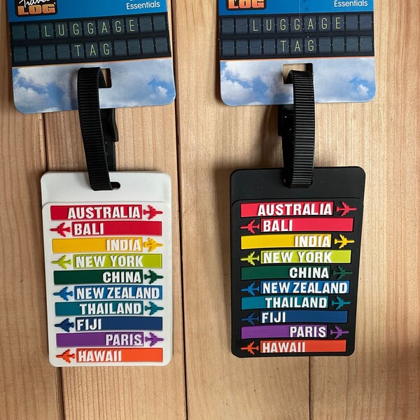 Modern Colourful Patterned Luggage Tags, Quirky & Bright Practical Travel Accessory. Rainbow Travel Theme Suitcase Tag in Black or White