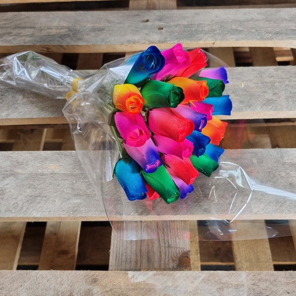Bouquet de fleurs éternelles, 2 douzaines de roses en bois dans un choix de couleurs vives, 24 boutons de roses en cadeau floral Cello-Instant