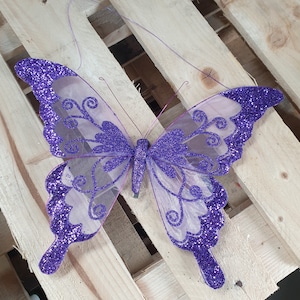 Extra Large Purple Nylon Glitter Diamante Butterfly Decoration With Metal Clip On Reverse 35cm For Craft, Weddings Home Décor etc