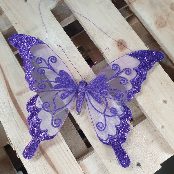 Extra Large Purple Nylon Glitter Diamante Butterfly Decoration With Metal Clip On Reverse 35cm For Craft, Weddings Home Décor etc