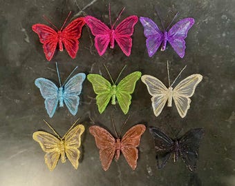 Pack of 6 Nylon Glitter Butterfly Decoration With Metal Clip On Reverse. 9cm Sparkly Butterflies Bright Colours & Neutrals -Craft, Décor etc