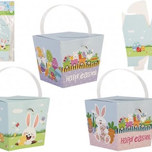 Può includere: Scatole regalo a tema pasquale con manici bianchi. Le scatole presentano colori pastello, coniglietti pasquali, uova e la scritta "Happy Easter". Una scatola è smontata. Per regali e dolcetti pasquali.
