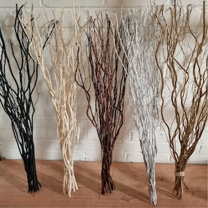 Op de afbeelding: Bundels decoratieve takken in verschillende kleuren, waaronder zwart, crème, bruin, zilver en goud. De takken zijn gerangschikt in boeketten, perfect voor woondecoratie of knutselprojecten. Sommige bundels zijn vastgebonden met touw.