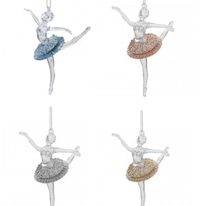 Glitter Ballerina Decoration Hanging Clear Christmas Tree Ballet Dancer Décor With Glitter Detail in 4 Colours Blue, Silver, Rose Gold, Gold
