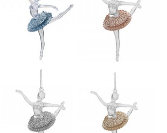 Glitter ballerina decoratie hangende heldere kerstboom balletdanser decor met glitterdetail in 4 kleuren blauw, zilver, rosé goud, goud