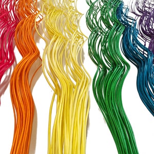 May include: A rainbow assortment of thin, flexible, wavy wires. The wires are arranged in a rainbow pattern, starting with red and ending with purple.