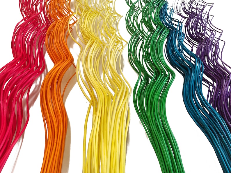 May include: A rainbow assortment of thin, flexible, wavy wires. The wires are arranged in a rainbow pattern, starting with red and ending with purple.