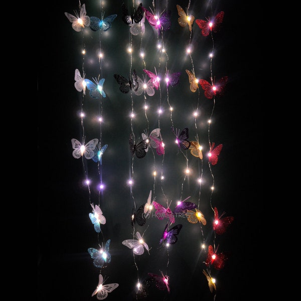 Butterfly String Light LED 1.25m alimenté par batterie. 6 x 8cm Glitter Butterflies Per String Garland Fairy Lights - Choisissez le rouge, le noir ou l’or.