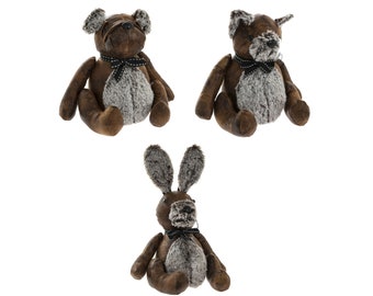 Rustic Leather Look Animal Doorstops. Cat, Dog, or Rabbit in Brown Distressed Look Fabric with Grey Faux Fur Embellishments Approx 20cm Tall