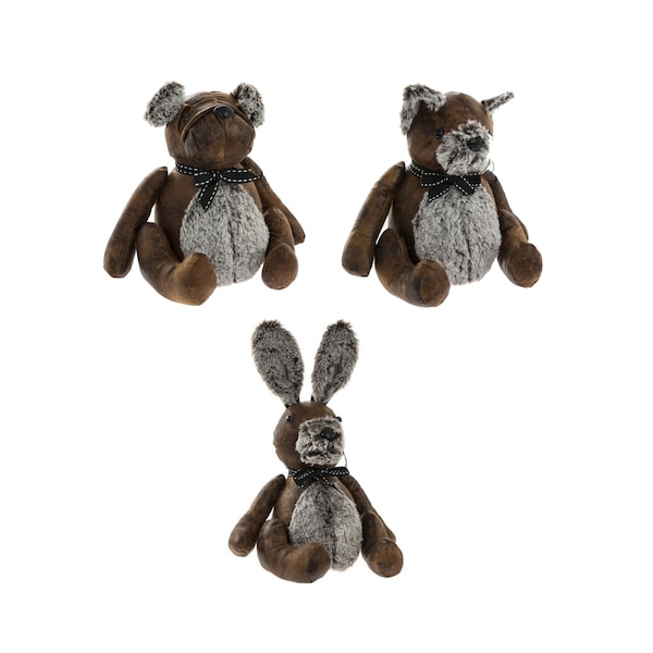 Rustic Leather Look Animal Doorstops. Cat, Dog, or Rabbit in Brown Distressed Look Fabric with Grey Faux Fur Embellishments Approx 20cm Tall