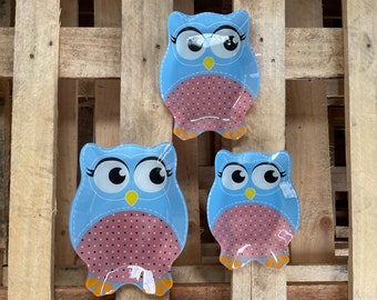 Set di 3 lastre decorative in vetro per uso occasionale - piatti da portata per feste o eventi. Simpatico gufo blu design in 3 dimensioni - 24 cm, 22 cm e 19 cm