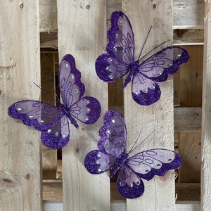 3 x Rich Purple Nylon Glitter Diamante Butterflies Decoration With Metal Clip On Reverse. 16cm Butterfly For Craft, Weddings Home Décor etc