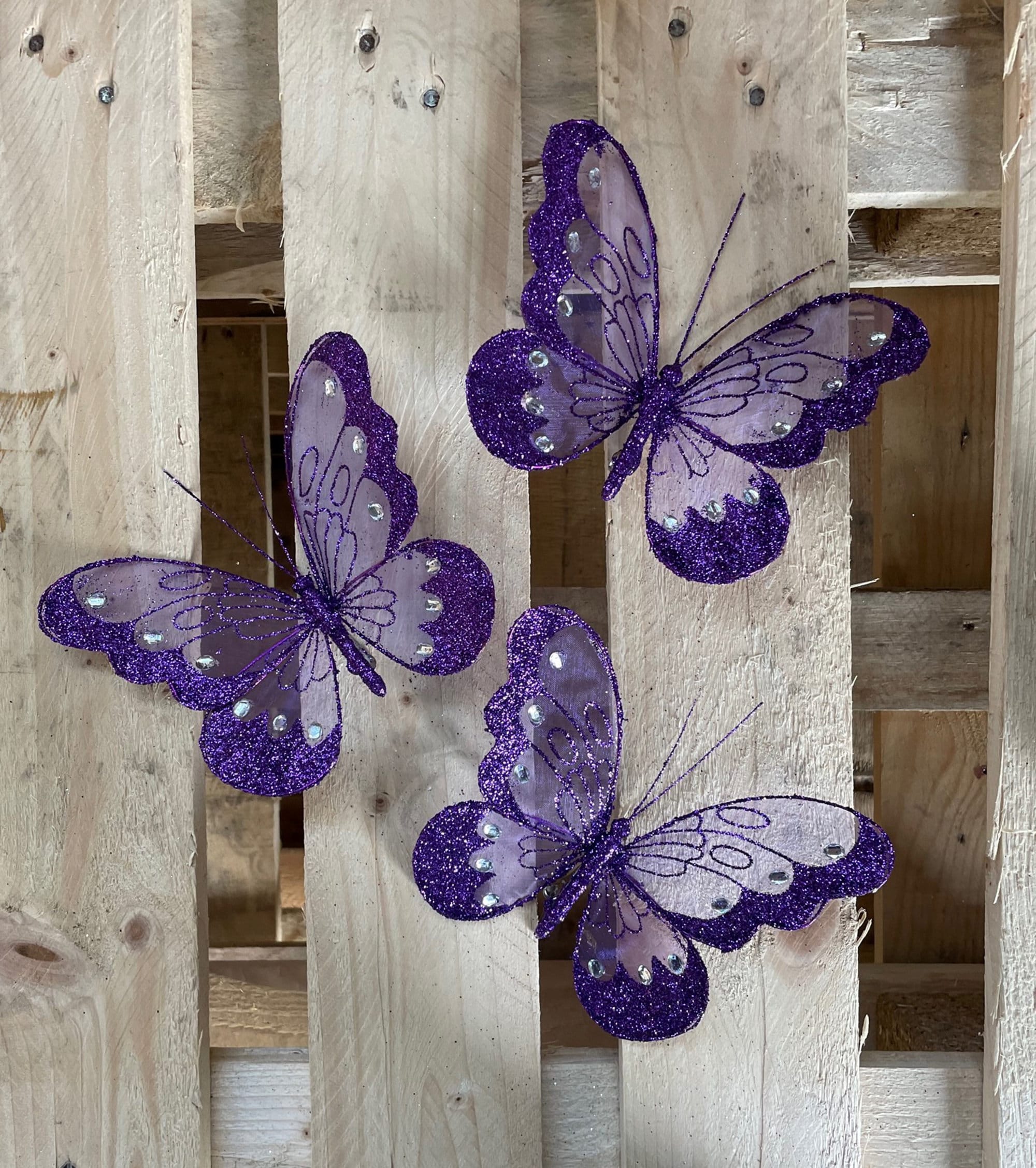 3 x Rich Purple Nylon Glitter Diamante Butterflies Decoration With Metal Clip On Reverse. 16cm Butterfly For Craft, Weddings Home Décor etc
