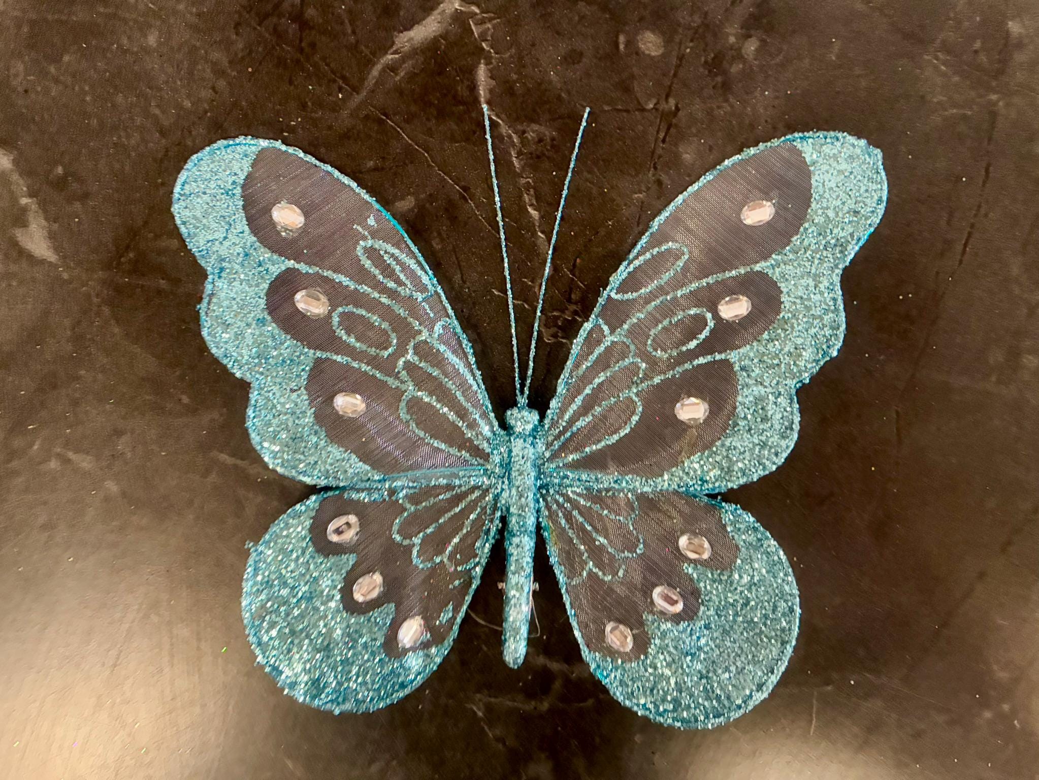 SET OF 12 Clip On Jewelled Glitter Mesh Decorative Butterflies 8cm