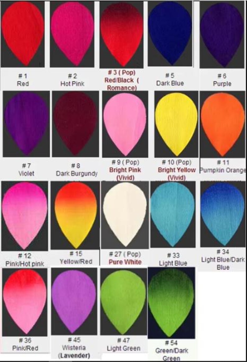 May include: A chart of 16 different colored petal shapes, numbered 1 through 54, with names like Red, Hot Pink, Violet, Dark Burgundy, Bright Pink, Bright Yellow, Pink/Hot pink, Yellow/Red, Pure White, Light Blue, Light Blue/Dark Blue, Pink/Red, Wisteria (Lavender), Light Green, and Green/Dark Green.