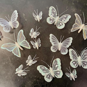 14 Pack White Mix Butterfly 3cm & 9cm Nylon Glitter Diamante Butterflies Decoration Metal Clip On Reverse Craft, Wedding, Bridal Accessory