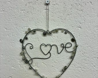 Adorno colgante de corazón de amor, letrero de arte de pared, metal, plata, gris, concha, joya, alambre trenzado, decoración para el hogar, regalo de San Valentín, aniversario