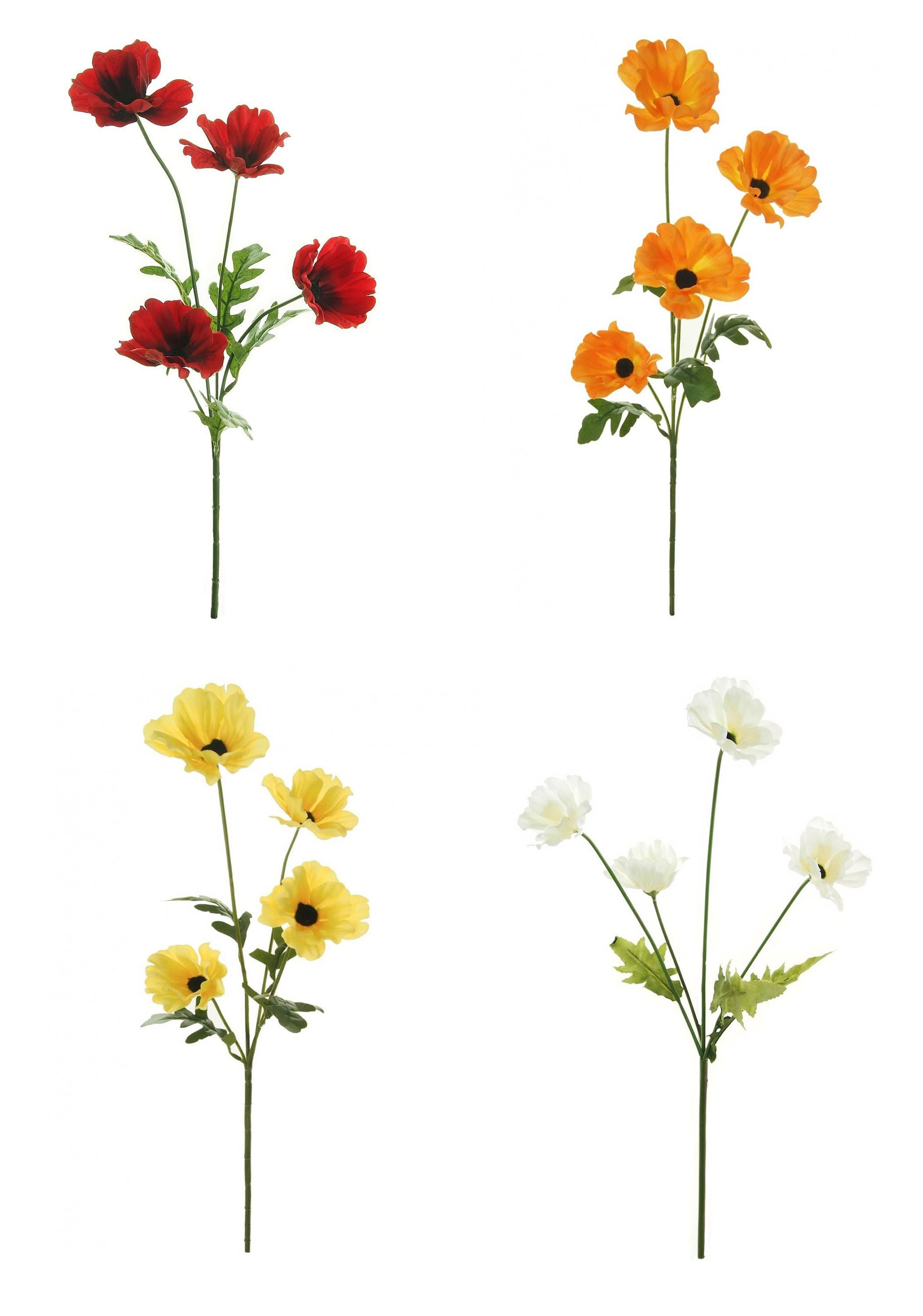 Artificial Wild Poppy Flower Stem With Leaves 4 Heads Meadow