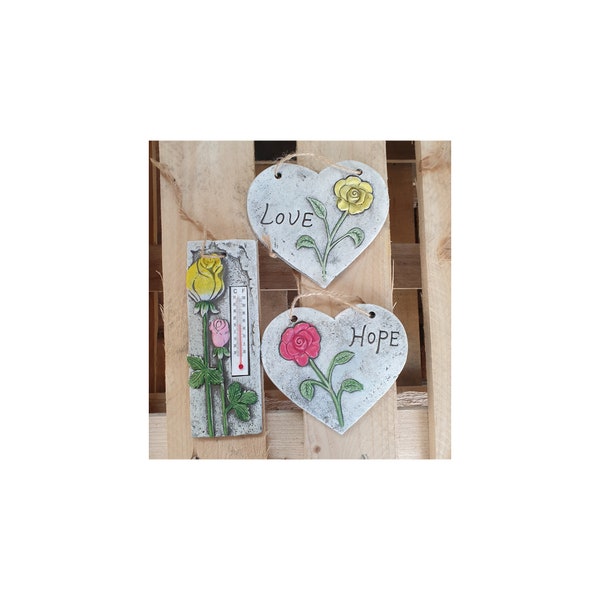 Garden Signs and Thermometer Gift Set Stone Heart Hanging Signs with LOVE and HOPE and Yellow and Red  Roses Painted on