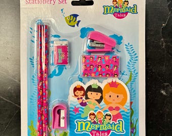 Mermaid Pink Notepad and Stationery Set - Notepad, Sharpener, Pencils, Eraser, Stapler, & Staples. Back to School, Home, Office, University