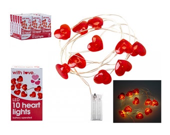 LED Heart Lights - 10 Battery Operated Mini Red Heart String Lights on 1.2m Flexible Wire. Valentines Décor, Romantic Table Centrepiece Jar