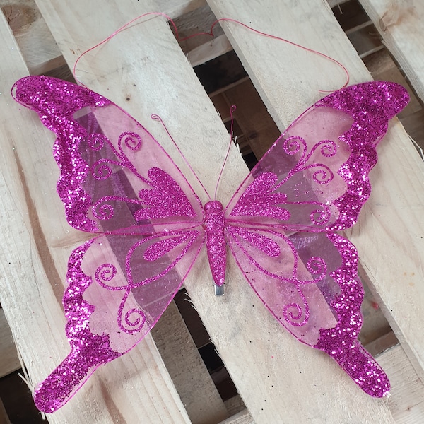 Extra Large Hot Pink Cerise  Nylon Glitter Diamante Butterfly Decoration With Metal Clip On Reverse  For Craft, Weddings Home Décor etc