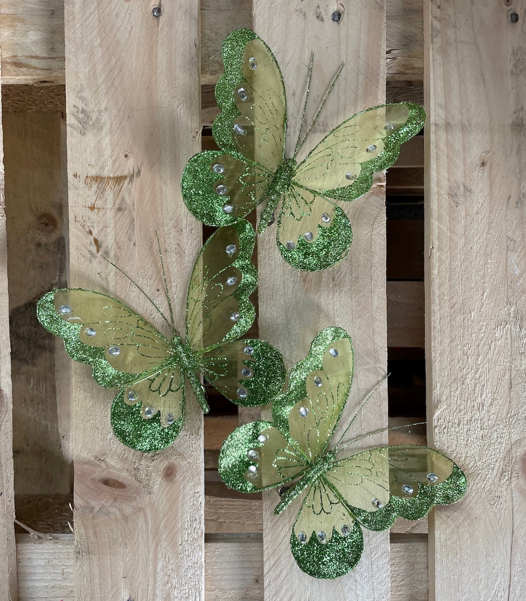 X Lime Green Nylon Glitter Diamante Butterflies Decoration With