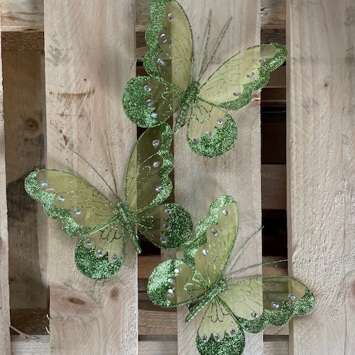 3 X Lime Green Nylon Glitter Diamante Butterflies Decoration With