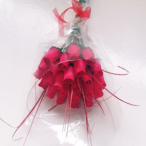 2 Dozen Red Roses Bouquet Valentines Hand Tied Wooden Rose Bud Stems Bright Red with Grass in Cello and Ribbon Instant  Everlasting Gift