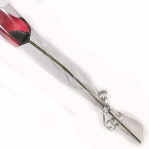 May include: A single red rose with a black stripe wrapped in clear plastic and tied with a silver ribbon.