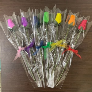 Single Wooden Rose Bud in Cellophane and Ribbon. Choose from 20+ Colours  Red, Pink, Yellow, Gold & More. Artificial Rose Stem Romantic Gift
