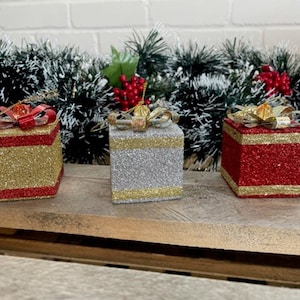 Christmas Glitter Present Box Hanging Tree Decorations or Craft, Presents with Ribbon and Jewel Details in Red, Gold, and Silver: