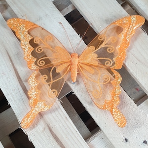 Extra Large 35cm  Orange Nylon Glitter Diamante Butterfly Decoration With Metal Clip On Reverse  For Craft, Weddings Home Décor etc