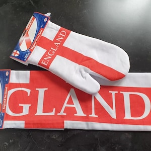England Tea Towel and BBQ Mitt Set- Cotton Blend Tea Towel and Matching Oven Glove Red and White with St George Flag for England Party BBQ