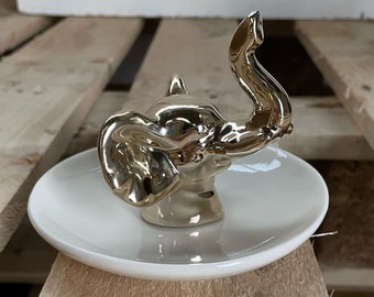 Elephant Ceramic Gold Jewellery Tray, Ring Holder, Trinket Dish, or Coin Tray. Gift for Valentines, Mothers Day, Birthdays, etc