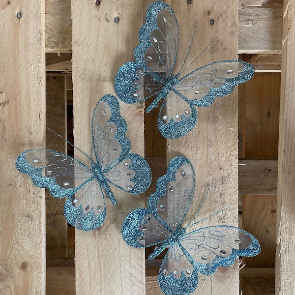 3 x Blue Aqua Nylon Glitter Diamante Butterflies Decoration With Metal Clip On Reverse. 16cm Butterfly For Craft, Weddings Home Décor etc
