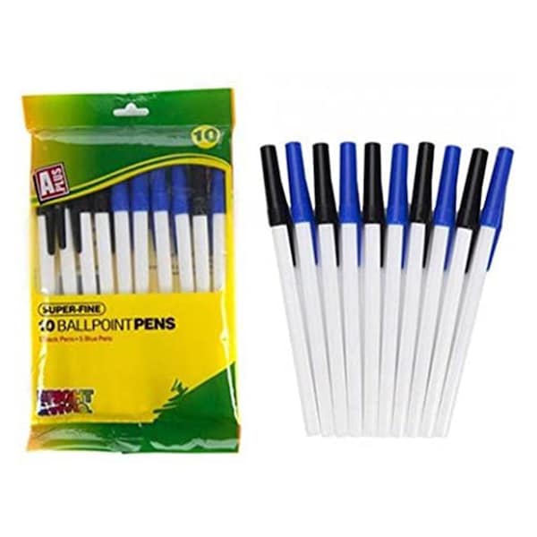 10 Superfine Ballpoint Pens - 5 Black and 5 Blue. Stick Pens With Coloured Push On Lid, Value Set For School, Office, University, Home, Work